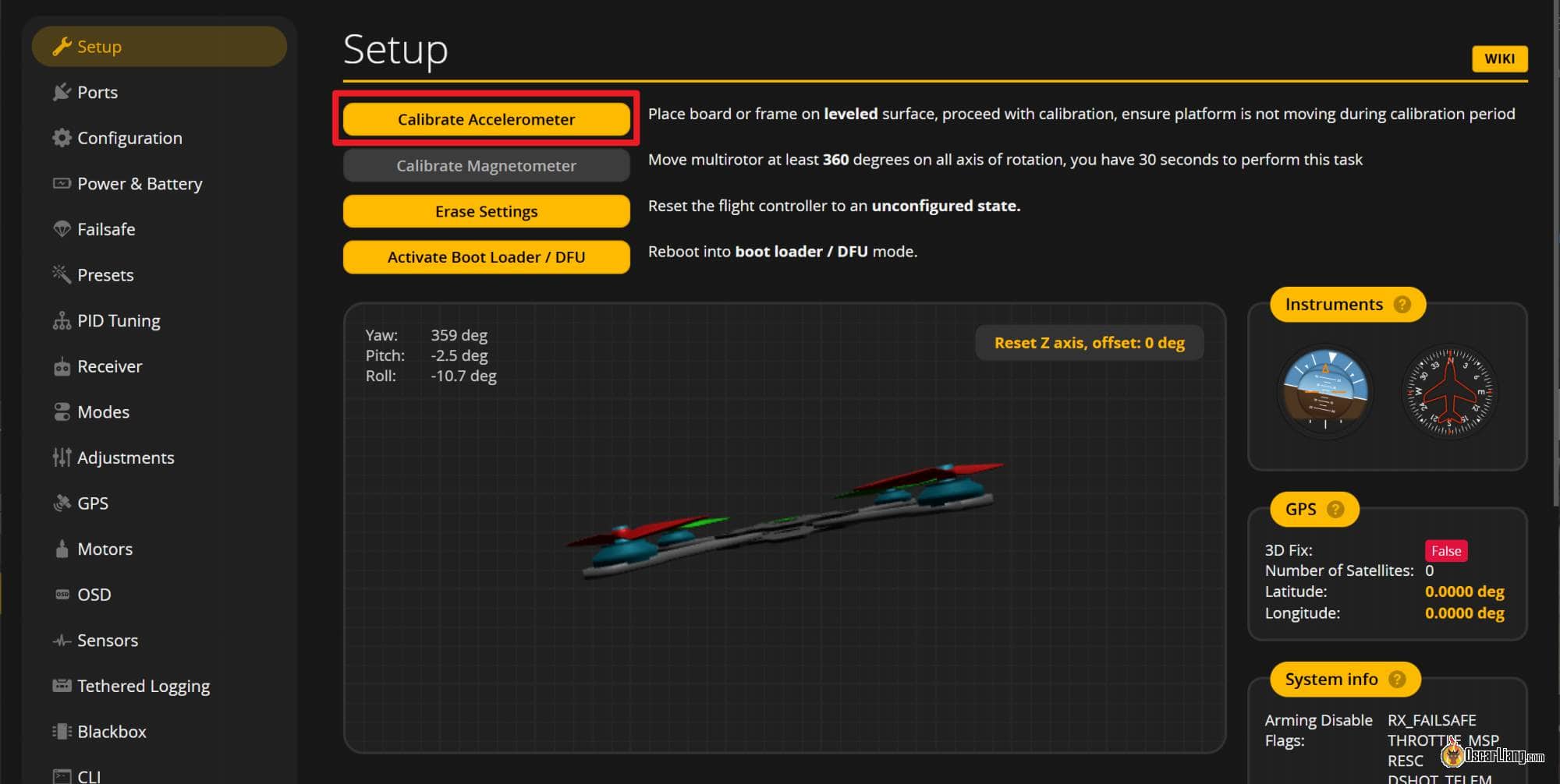Betaflight Configurator Setup Calibrate Accelerometer