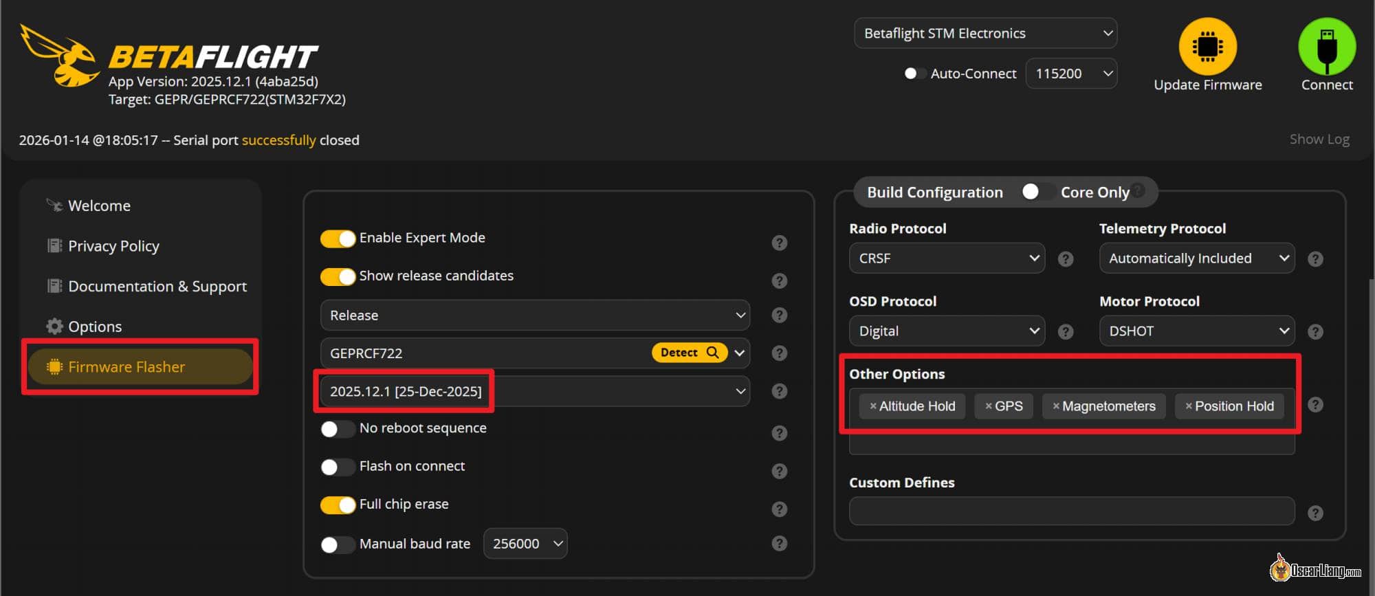 Betaflight Configurator Firmware Flasher Build Option Position Hold